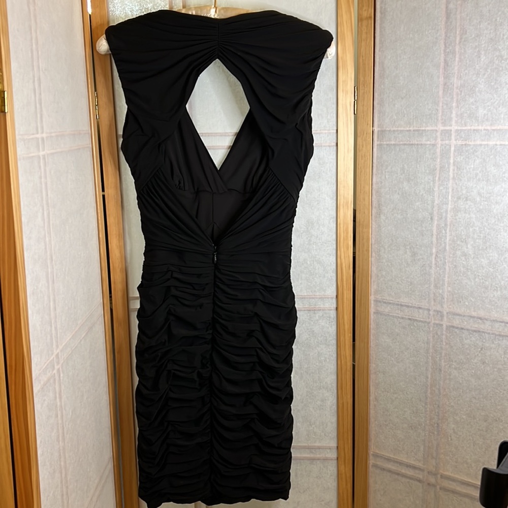 BCBGMAXAZRIA “EDESA” Shirred Rouched Cocktail Dress Black Stretch Open Back S - Picture 12 of 13
